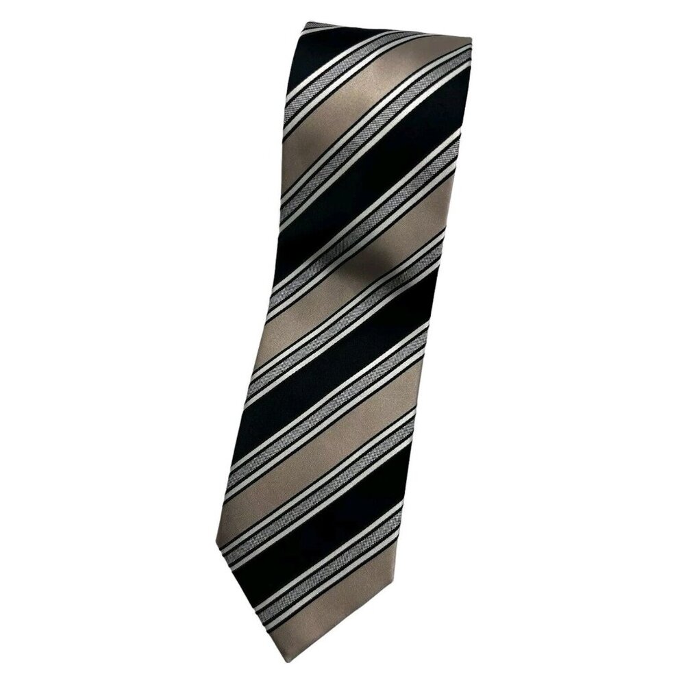 DONALD J. TRUMP Men's 100% Silk Necktie DESIGNER Black Beige Striped W:3.6" EUC